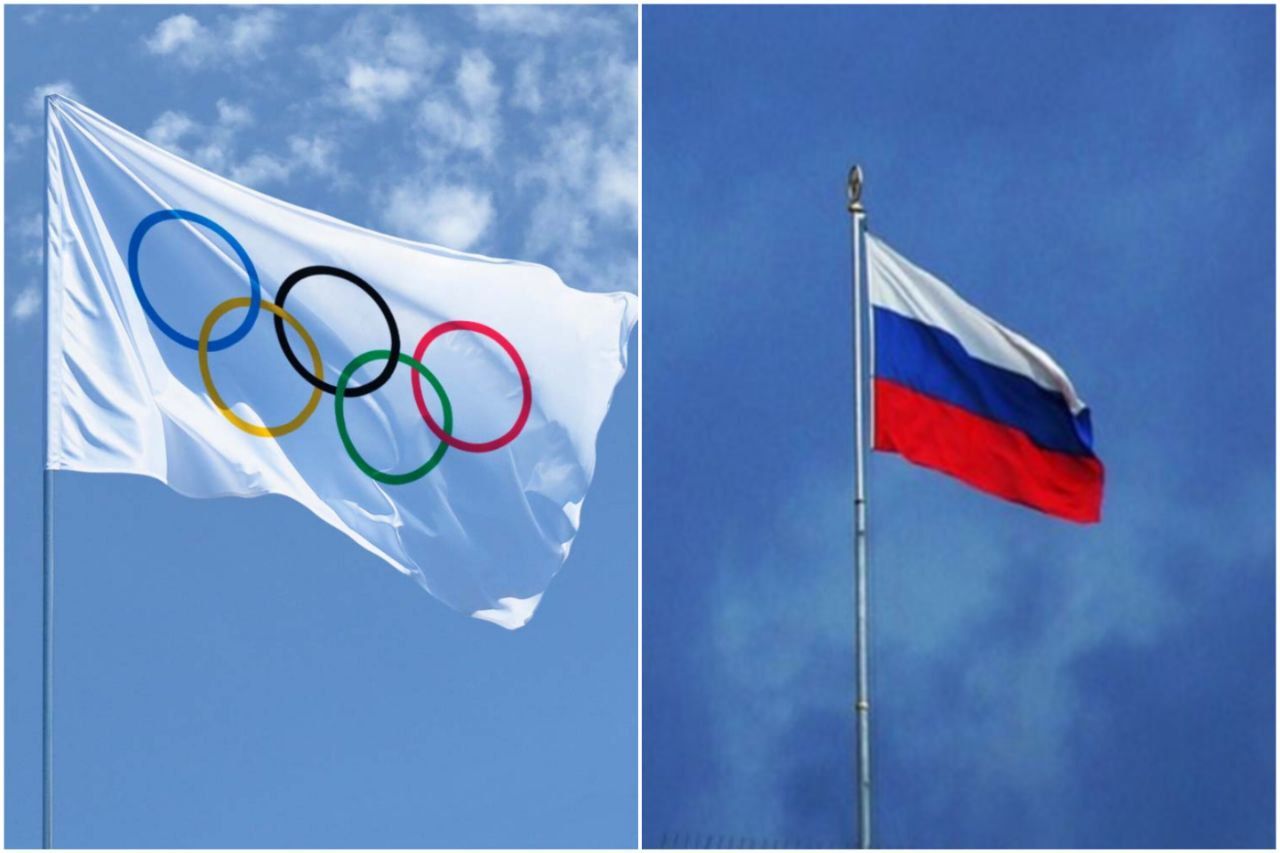 Флаги МОК и России