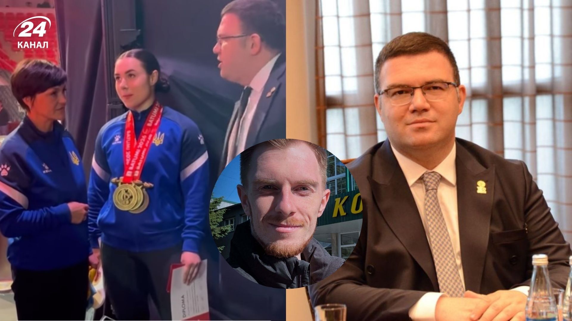 Важкоатлетка Ірина Домбровська, тренер збірної України Дмитро Сухоцький та очільник EWF Астріт Хасані Важкоатлетка Ірина Домбровська, тренер збірної України Дмитро Сухоцький та очільник EWF Астріт Хасані
